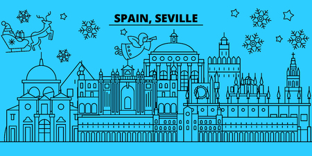 Spain, Seville winter holidays skyline. Merry Christmas, Happy New Year decorated banner with Santa Claus.Flat, outline vector.Spain, Seville linear christmas city illustrationのイラスト素材