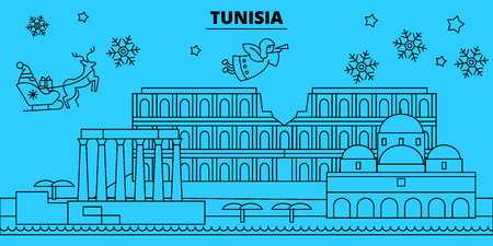 Tunisia winter holidays skyline. Merry Christmas, Happy New Year decorated banner with Santa Claus.Flat, outline vector. Tunisia linear christmas city illustrationのイラスト素材
