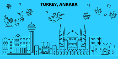 Turkey, Ankara winter holidays skyline. Merry Christmas, Happy New Year decorated banner with Santa Claus.Flat, outline vector.Turkey, Ankara linear christmas city illustrationのイラスト素材