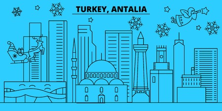 Turkey, Antalia winter holidays skyline. Merry Christmas, Happy New Year decorated banner with Santa Claus.Flat, outline vector.Turkey, Antalia linear christmas city illustrationのイラスト素材