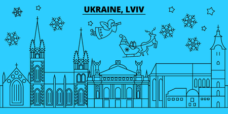Ukraine, Lviv winter holidays skyline. Merry Christmas, Happy New Year decorated banner with Santa Claus.Flat, outline vector.Ukraine, Lviv linear christmas city illustrationのイラスト素材