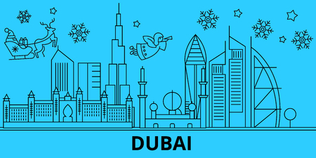 United Arab Emirates, Dubai winter holidays skyline. Merry Christmas, Happy New Year decorated banner with Santa Claus.Outline vector.United Arab Emirates, Dubai linear christmas city illustrationのイラスト素材