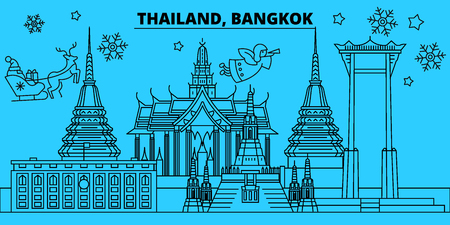 Thailand, Bangkok city winter holidays skyline. Merry Christmas, Happy New Year decorated banner with Santa Claus.Flat, outline vector.Thailand, Bangkok city linear christmas city illustrationのイラスト素材