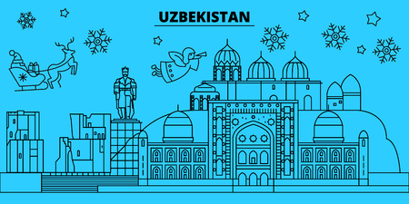 Uzbekistan winter holidays skyline. Merry Christmas, Happy New Year decorated banner with Santa Claus.Flat, outline vector.Uzbekistan linear christmas city illustrationのイラスト素材