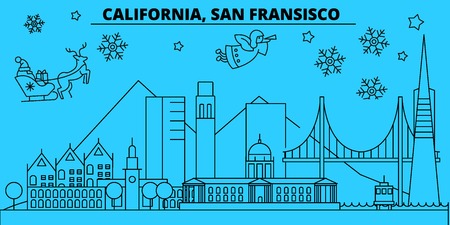 United States, San Francisco winter holidays skyline. Merry Christmas, Happy New Year decorated banner with Santa Claus.Outline vector.United States, San Francisco linear christmas city illustrationのイラスト素材