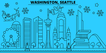 United States, Seattle winter holidays skyline. Merry Christmas, Happy New Year decorated banner with Santa Claus.Flat, outline vector.United States, Seattle linear christmas city illustrationのイラスト素材