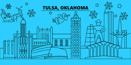 United States, Tulsa winter holidays skyline. Merry Christmas, Happy New Year decorated banner with Santa Claus.Flat, outline vector.United States, Tulsa linear christmas city illustrationのイラスト素材
