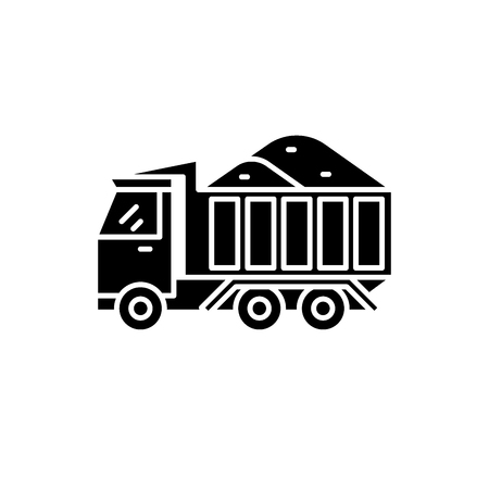 Dump track with sand black icon, concept vector sign on isolated background. Dump track with sand illustration, symbolのイラスト素材