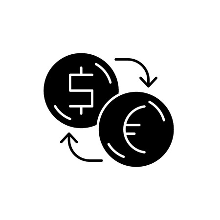 Exchange of dollars for euros black icon, concept vector sign on isolated background. Exchange of dollars for euros illustration, symbolのイラスト素材