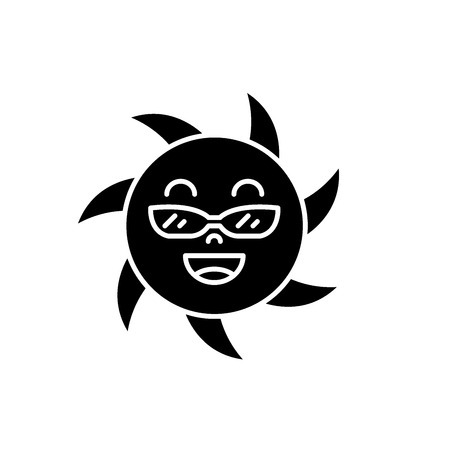 Funny sun in glasses black icon, concept vector sign on isolated background. Funny sun in glasses illustration, symbolのイラスト素材