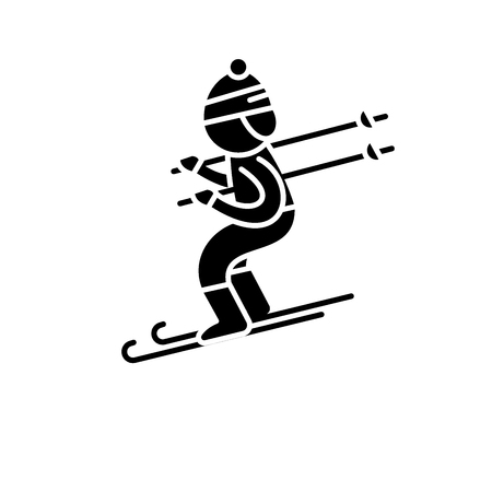 Skiing black icon, concept vector sign on isolated background. Skiing illustration, symbolのイラスト素材