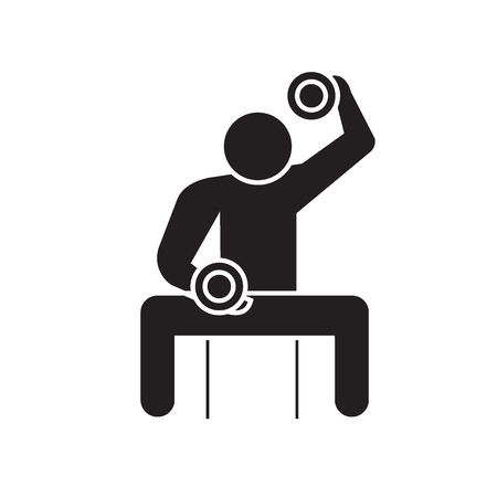 Bodybuilder holding dumbell black vector concept icon. Bodybuilder holding dumbell flat illustration, sign, symbolのイラスト素材