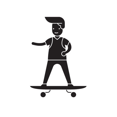 Boy skateboarding black vector concept icon. Boy skateboarding flat illustration, sign, symbolのイラスト素材