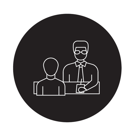 Businessman giving instructions black vector concept icon. Businessman giving instructions flat illustration, sign, symbolのイラスト素材