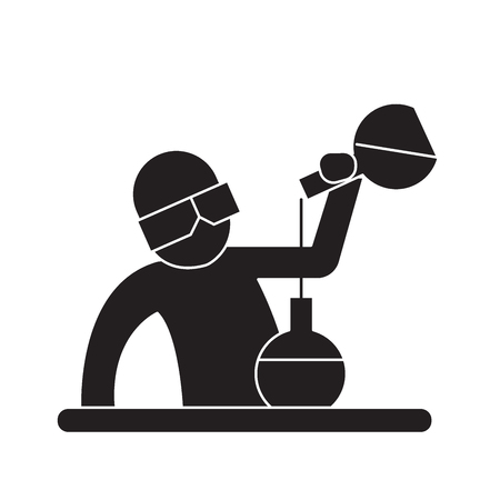 Chemist at work black vector concept icon. Chemist at work flat illustration, sign, symbolのイラスト素材