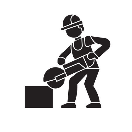 Carpetner cutting wood black vector concept icon. Carpetner cutting wood flat illustration, sign, symbolのイラスト素材