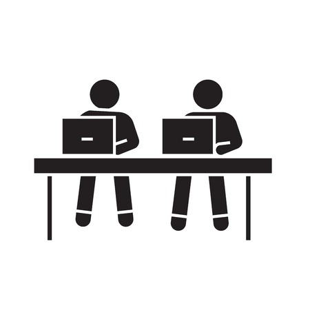 Coworking, working at laptops black vector concept icon. Coworking, working at laptops flat illustration, sign, symbolのイラスト素材