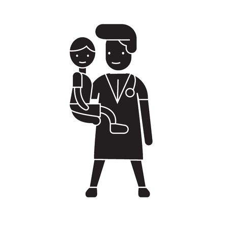 Doctor with a child black vector concept icon. Doctor with a child flat illustration, sign, symbolのイラスト素材