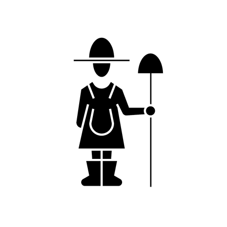 Female farmer with shovel black vector concept icon. Female farmer with shovel flat illustration, sign, symbolのイラスト素材