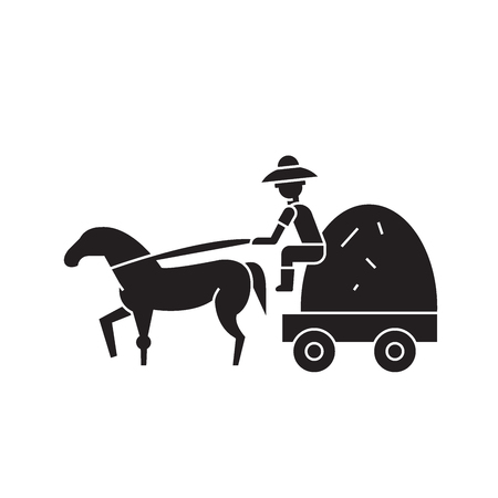 Farm wagon with straw black vector concept icon. Farm wagon with straw flat illustration, sign, symbolのイラスト素材