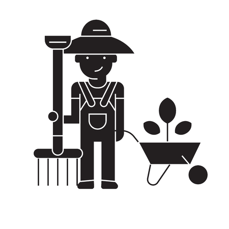 Gardening work, gardener black vector concept icon. Gardening work, gardener flat illustration, sign, symbolのイラスト素材