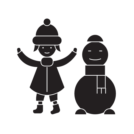 Girl with a snowman black vector concept icon. Girl with a snowman flat illustration, sign, symbolのイラスト素材