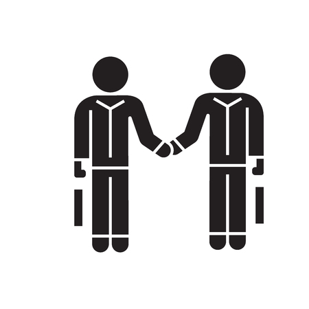 Hand shaking businessmen, agreement black vector concept icon. Hand shaking businessmen, agreement flat illustration, sign, symbolのイラスト素材