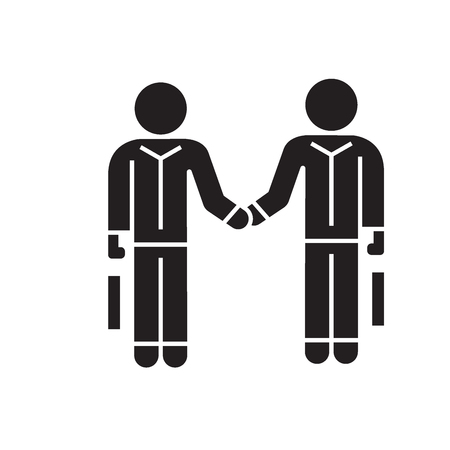 Hand shaking businessmen, agreement black vector concept icon. Hand shaking businessmen, agreement flat illustration, sign, symbol