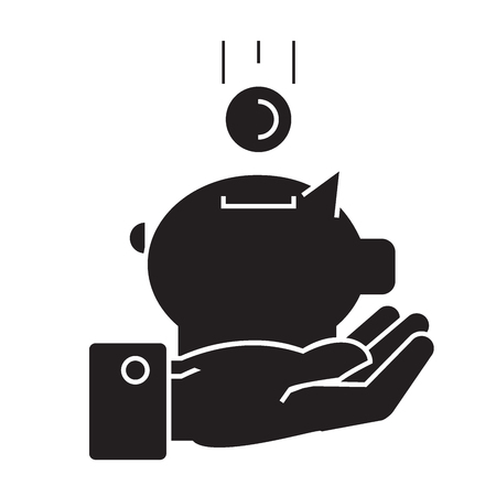 Hand with money pig black vector concept icon. Hand with money pig flat illustration, sign, symbolのイラスト素材