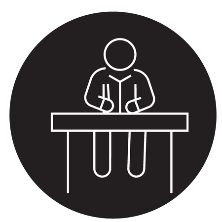 Man sitting at office desk black vector concept icon. Man sitting at office desk flat illustration, sign, symbolのイラスト素材