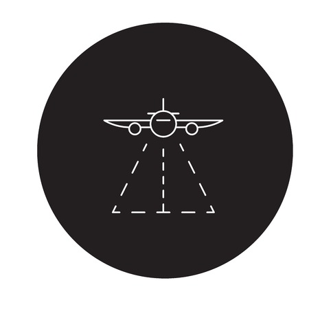 Plane landing black vector concept icon. Plane landing flat illustration, sign, symbolのイラスト素材