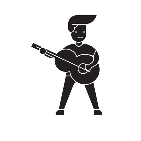 Playing a guitar black vector concept icon. Playing a guitar flat illustration, sign, symbolのイラスト素材