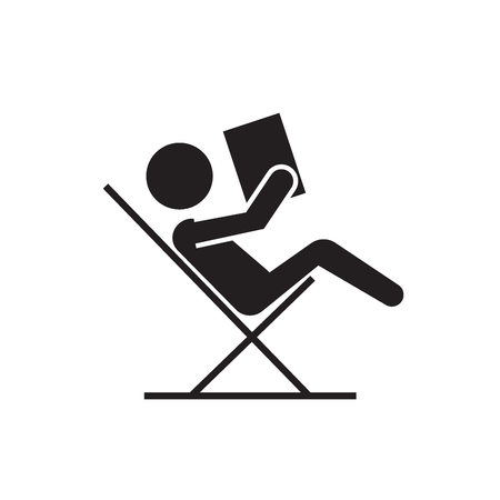 Reading book, sitting in chair black vector concept icon. Reading book, sitting in chair flat illustration, sign, symbolのイラスト素材
