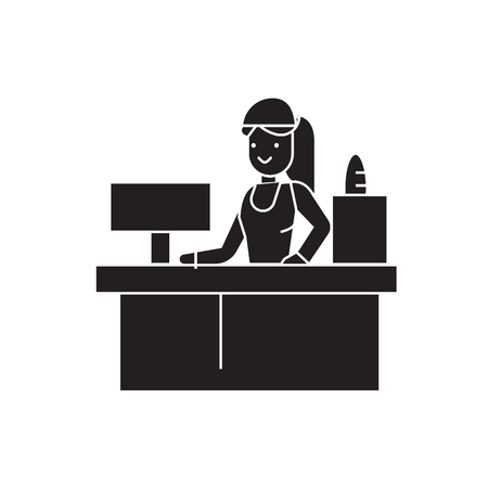Receptionist woman black vector concept icon. Receptionist woman flat illustration, sign, symbolのイラスト素材