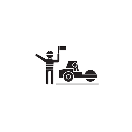 Roadroller working black vector concept icon. Roadroller working flat illustration, sign, symbolのイラスト素材