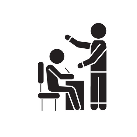 Teaching proccess, student and teacher black vector concept icon. Teaching proccess, student and teacher flat illustration, sign, symbolのイラスト素材