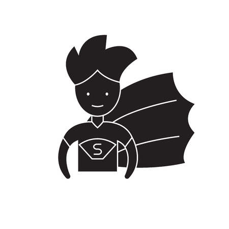 Super hero kid black vector concept icon. Super hero kid flat illustration, sign, symbolのイラスト素材