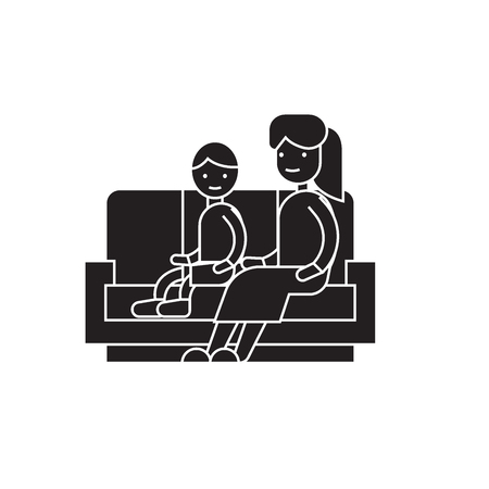 Son and mom on the sofa black vector concept icon. Son and mom on the sofa flat illustration, sign, symbolのイラスト素材