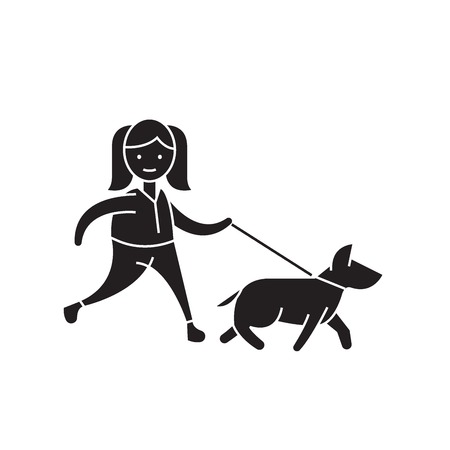 Walk the dog black vector concept icon. Walk the dog flat illustration, sign, symbolのイラスト素材