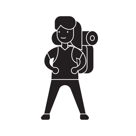 Woman going camping black vector concept icon. Woman going camping flat illustration, sign, symbolのイラスト素材