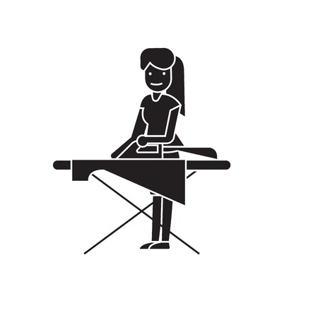 Woman ironing black vector concept icon. Woman ironing flat illustration, sign, symbolのイラスト素材