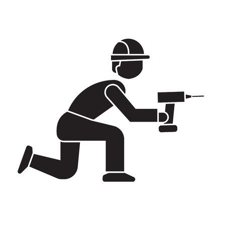 Worker with screwdriver black vector concept icon. Worker with screwdriver flat illustration, sign, symbolのイラスト素材