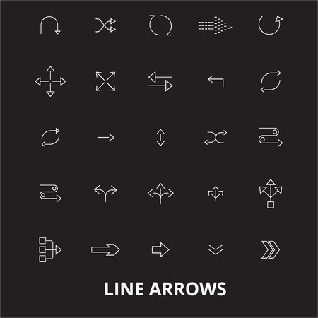 Arrows line editable line icons vector set on black background. Arrows line white outline...