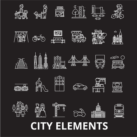 City elements editable line icons vector set on black background. City elements white outline illustrations, signs,symbolsのイラスト素材