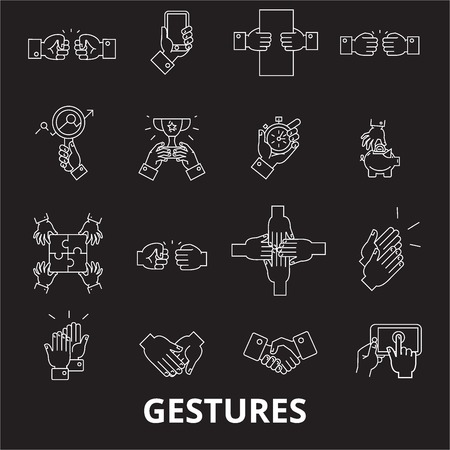 Gestures editable line icons vector set on black background. Gestures white outline illustrations, signs,symbolsのイラスト素材