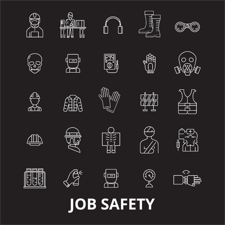 Job safety editable line icons vector set on black background. Job safety white outline illustrations, signs,symbolsのイラスト素材