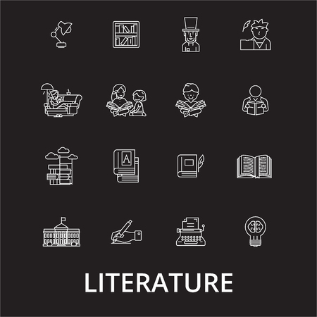 Literature editable line icons vector set on black background. Literature white outline illustrations, signs,symbolsのイラスト素材