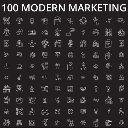 Marketing icons editable line icons vector set on black background. Marketing icons white outline illustrations, signs,symbolsのイラスト素材