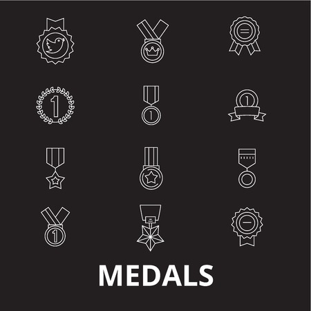 Medals editable line icons vector set on black background. Medals white outline illustrations, signs,symbolsのイラスト素材
