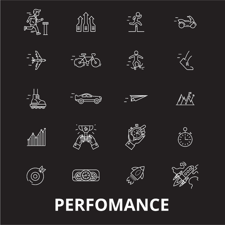 Perfomance editable line icons vector set on black background. Perfomance white outline illustrations, signs,symbolsのイラスト素材